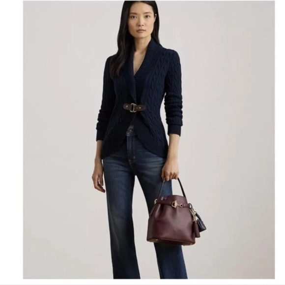 Ralph Lauren Buckle Sweater Womens Size L Cable Knit Preppy Equestrian READ FLAW - Picture 12 of 16